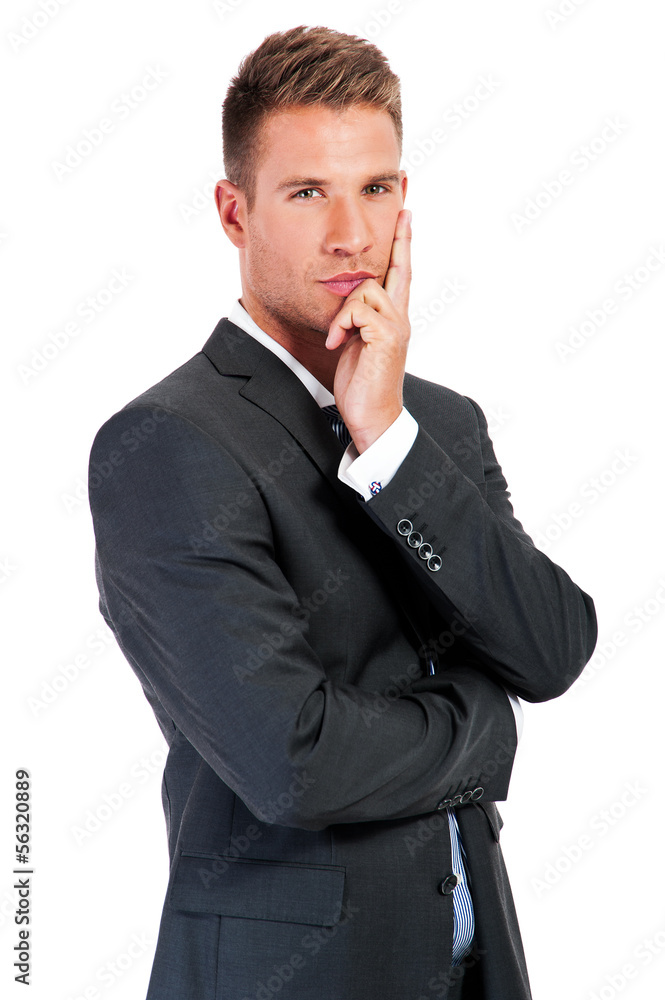 Thinking man isolated on white background. Closeup portrait of a Thinking man isolated on white background. Closeup portrait of a