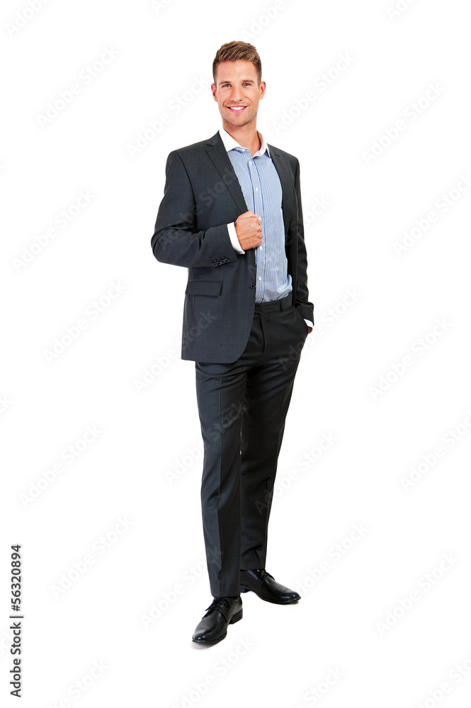 Full body portrait of happy smiling business man, isolated on wh Full body portrait of happy smiling business man, isolated on wh