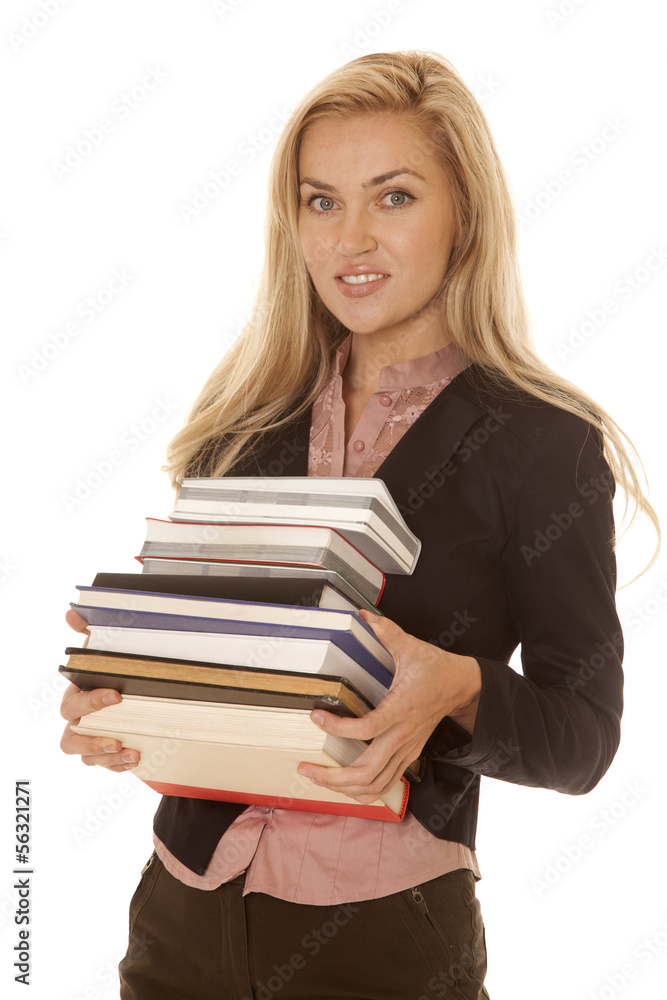 woman black business dress books smile woman black business dress books smile