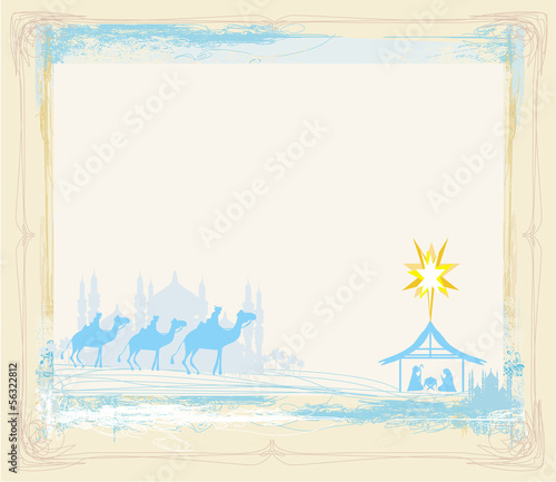 grunge frame with  traditional Christian Christmas Nativity scen