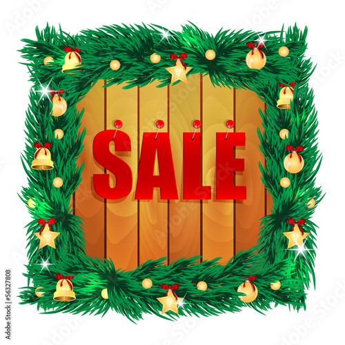 word sale on wooden boards in the frame of the christmas decora