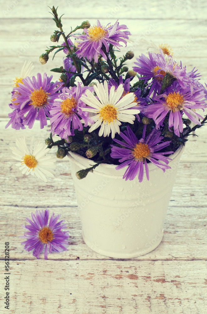 Bouquet of bright wildflowers in bucket Bouquet of bright wildflowers in bucket