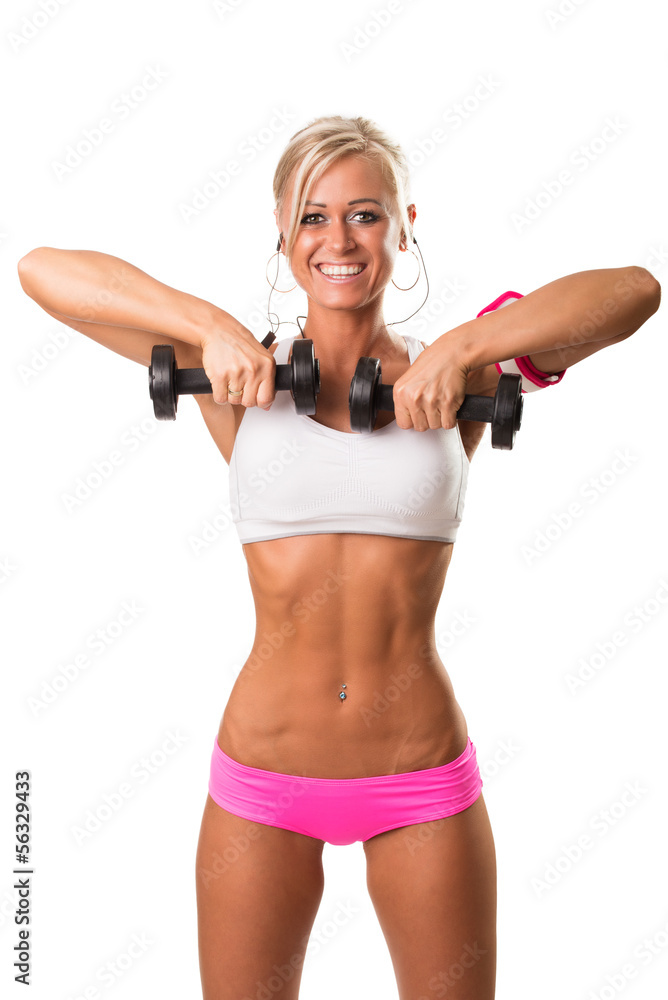 Fitness sport women smiling happy with dumbbell Fitness sport women smiling happy with dumbbell