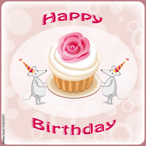 birthday postcard with cartoon mouses and cake