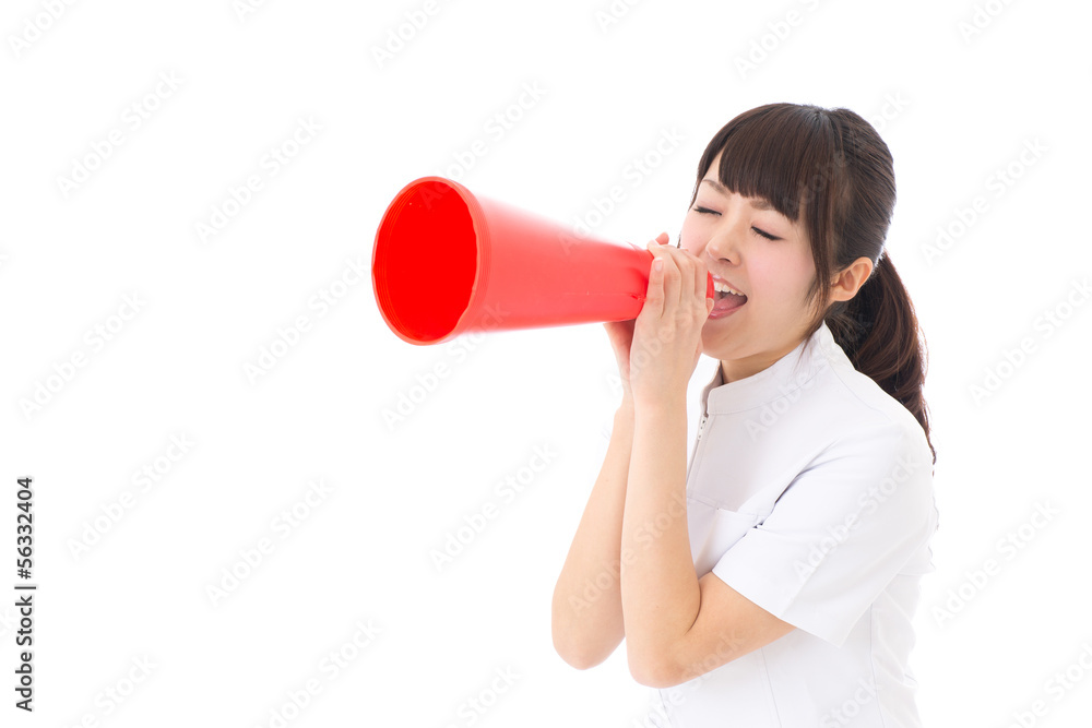 young asian nurse cheering on white background young asian nurse cheering on white background