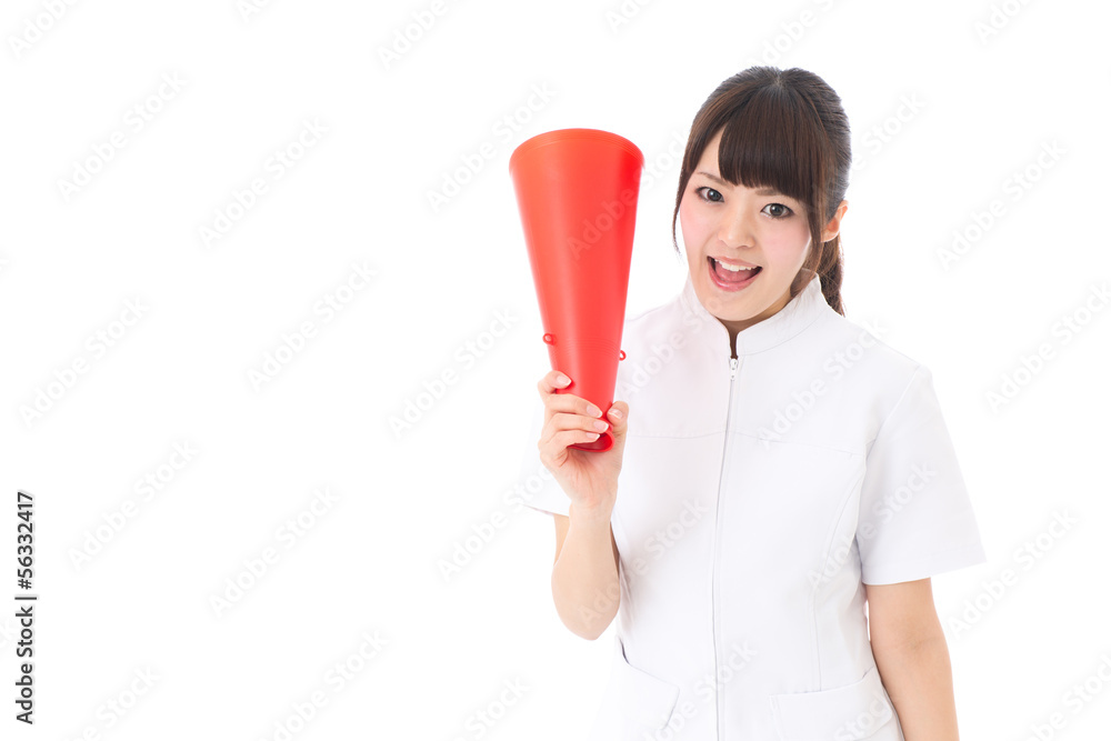 young asian nurse cheering on white background young asian nurse cheering on white background