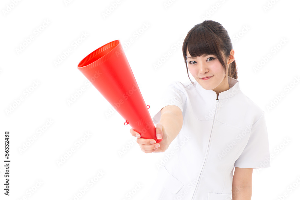 young asian nurse cheering on white background young asian nurse cheering on white background