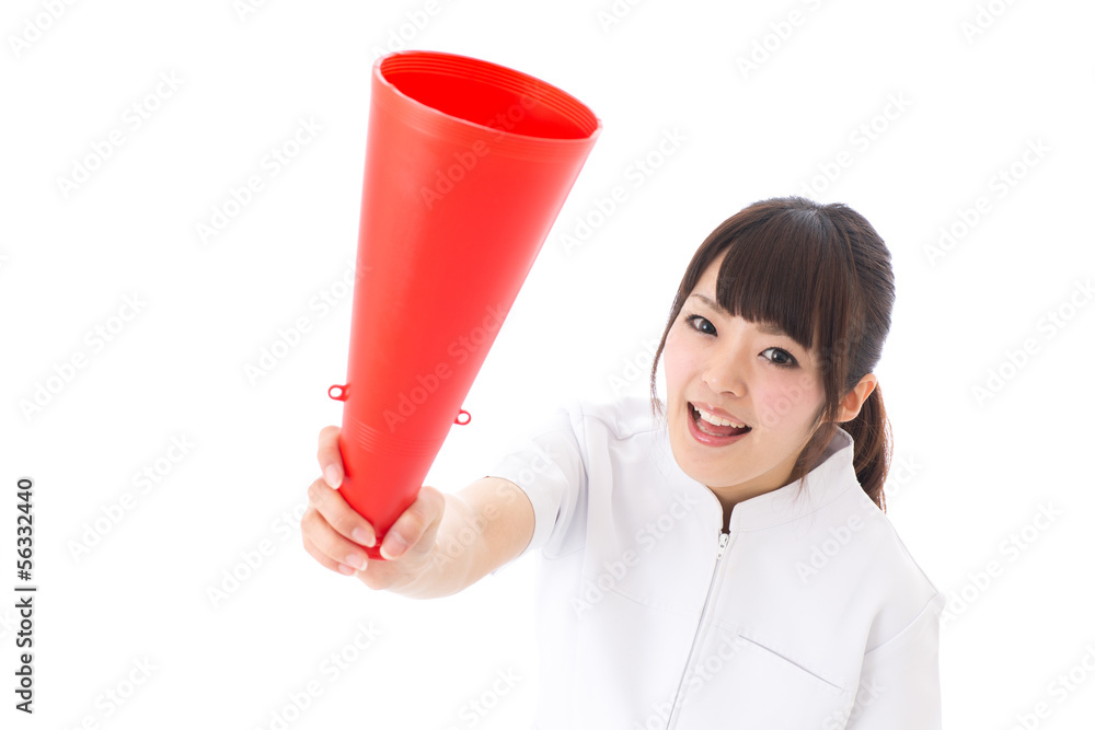young asian nurse cheering on white background young asian nurse cheering on white background