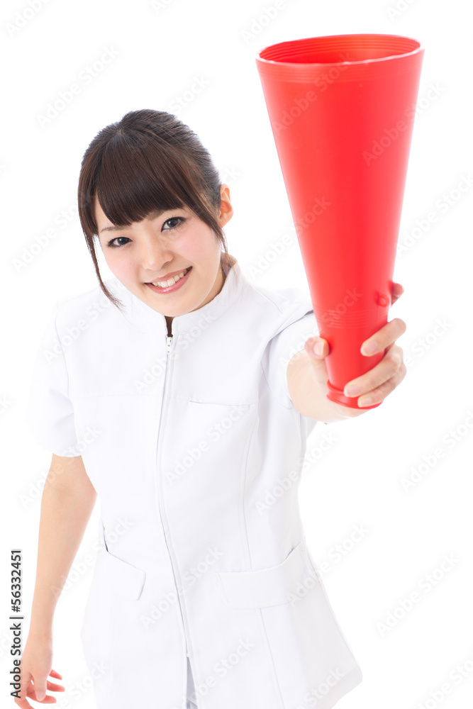 young asian nurse cheering on white background young asian nurse cheering on white background