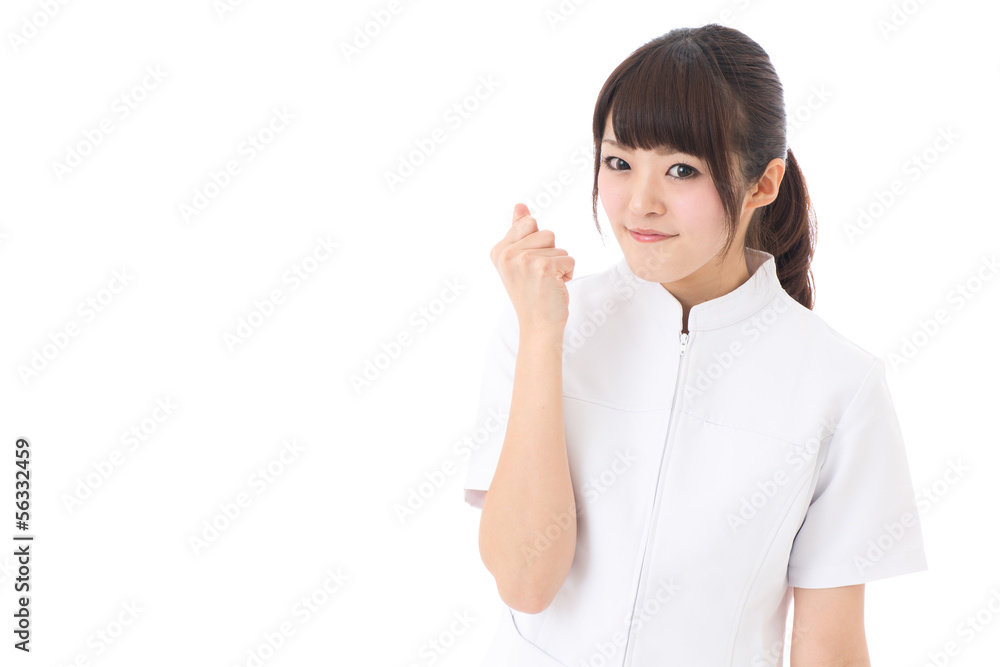 young asian nurse cheering on white background young asian nurse cheering on white background