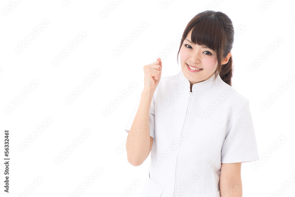 young asian nurse cheering on white background young asian nurse cheering on white background