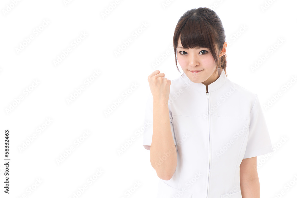 young asian nurse cheering on white background young asian nurse cheering on white background