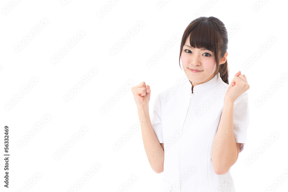 young asian nurse cheering on white background young asian nurse cheering on white background