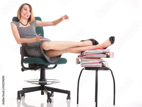 Woman work stoppage businesswoman relaxing legs up plenty of doc