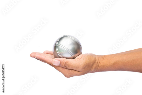 Man and petanque ball in hand on white background
