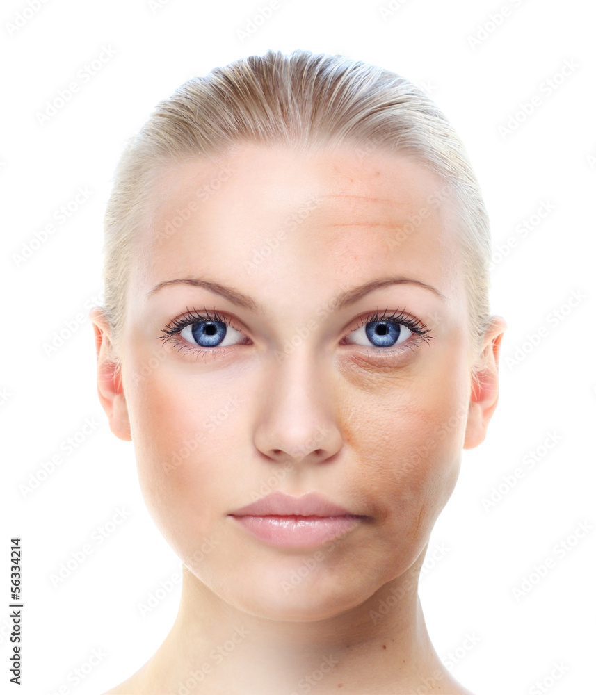 Woman's portrait isolated on white, before and after retouch,