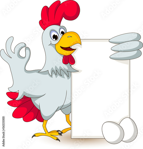 funny chicken cartoon posing with blank sign