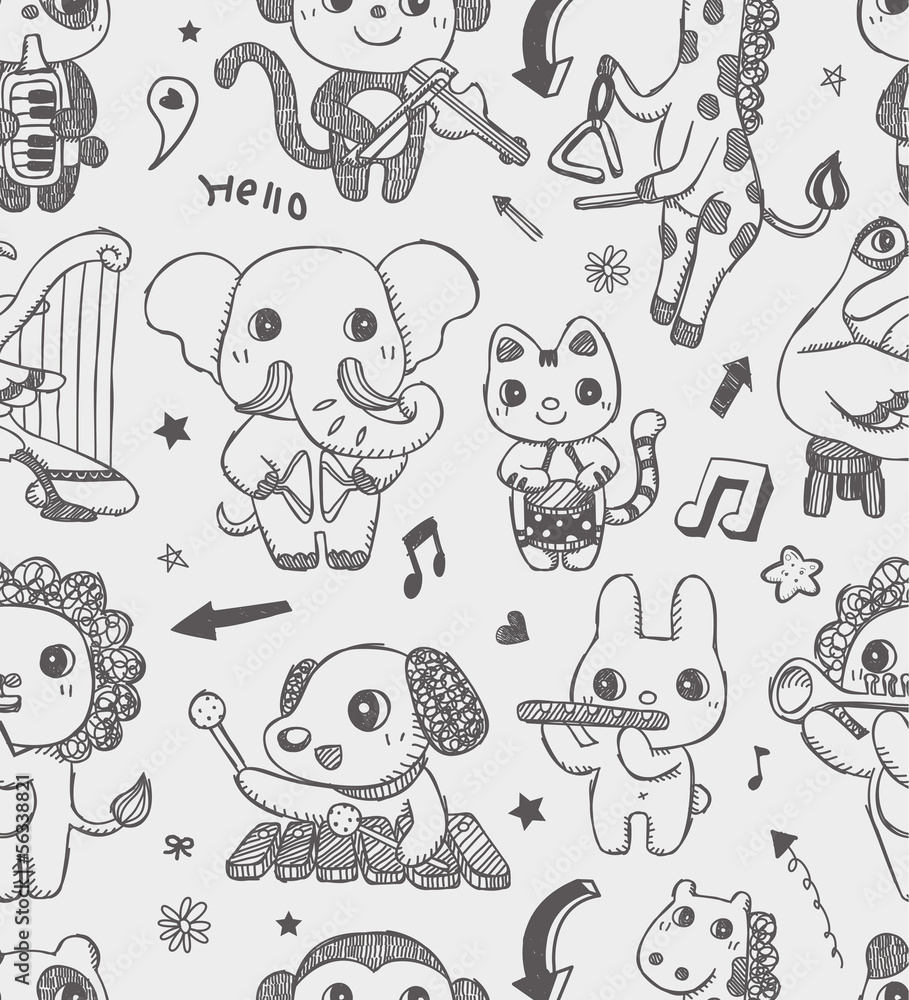 seamless doodle animal music band pattern background