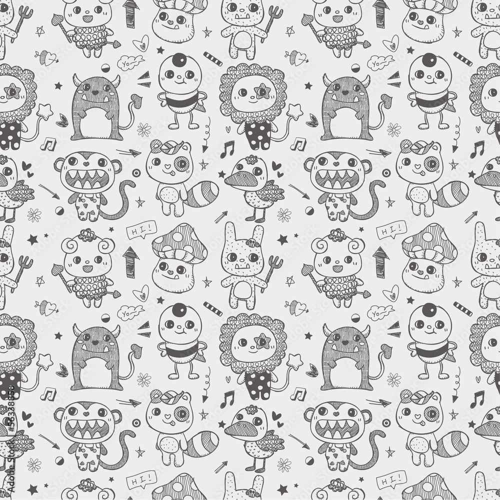 seamless cute doodle monster pattern background