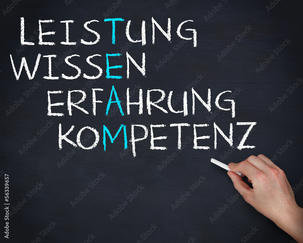 Hand holding a chalk and writing anagram of team in german Hand holding a chalk and writing anagram of team in german