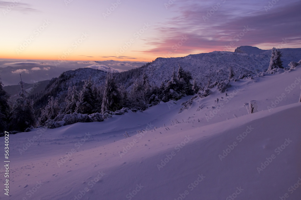 mountain sunset landscape in winter, Romanian Carpathians