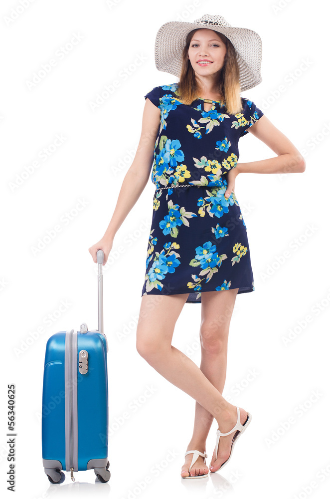 Woman with suitcases isolated on white Woman with suitcases isolated on white