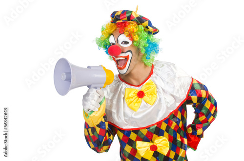 Clown with loudspeaker on white