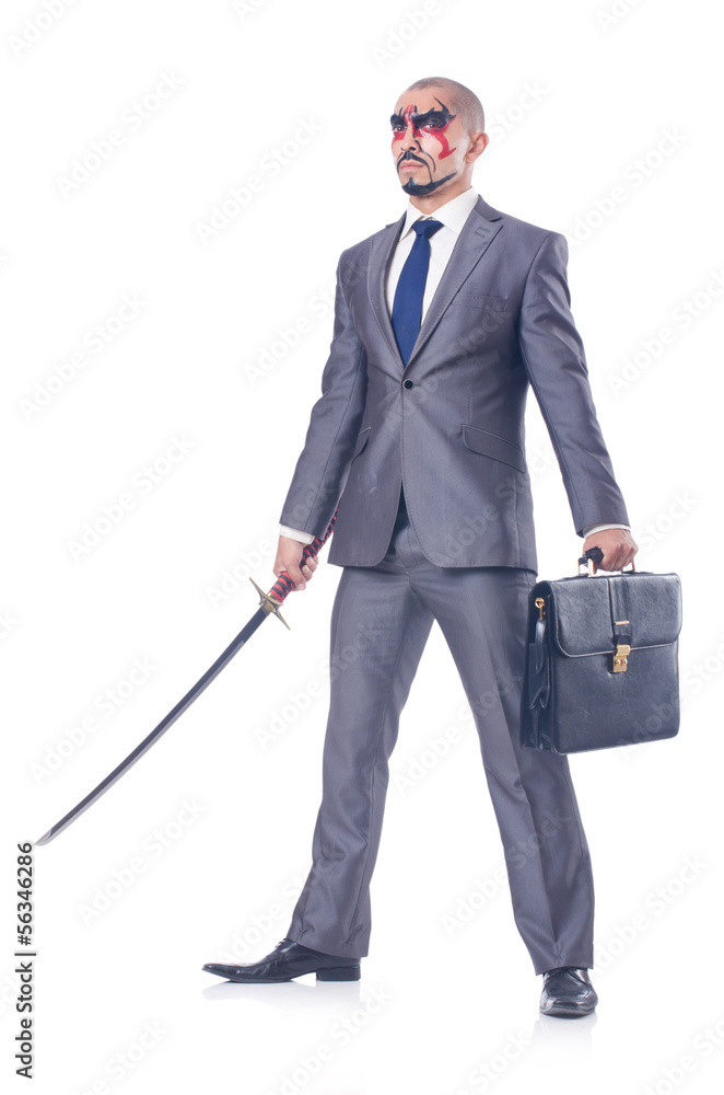 Businessman with sword isolated on white Businessman with sword isolated on white