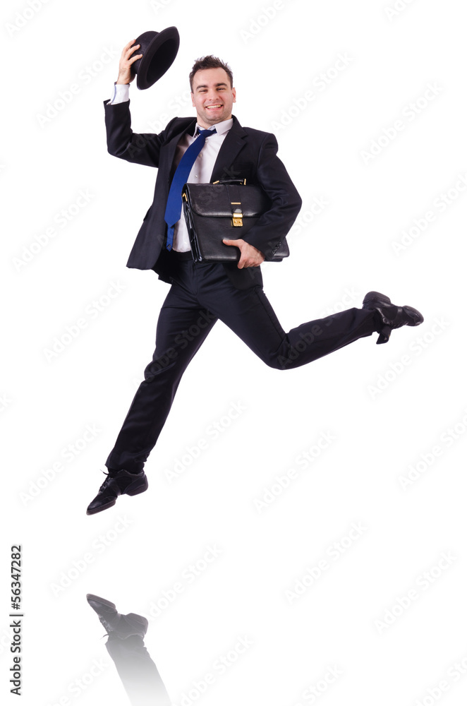 Funny businessman jumping on white Funny businessman jumping on white