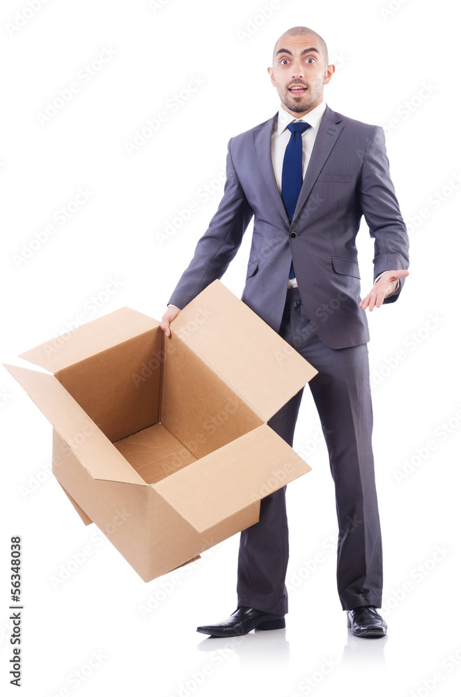 Businessman with box isolated on the white Businessman with box isolated on the white