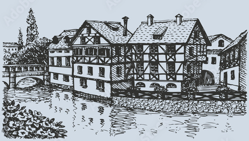 Vector cityscape. Street with old half-timbering houses of Europ