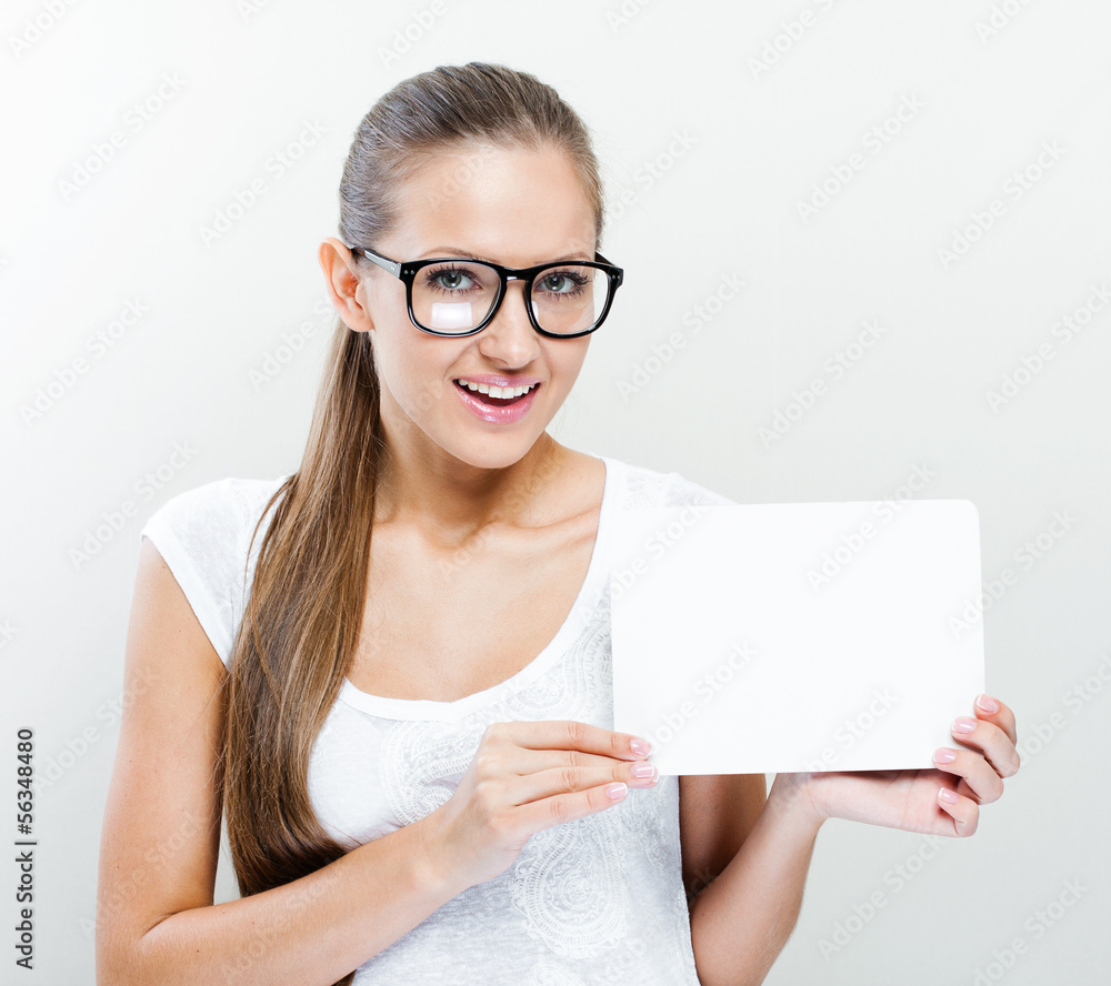 Business woman isolated portrait . Smiling woman show blank boa Business woman isolated portrait . Smiling woman show blank boa