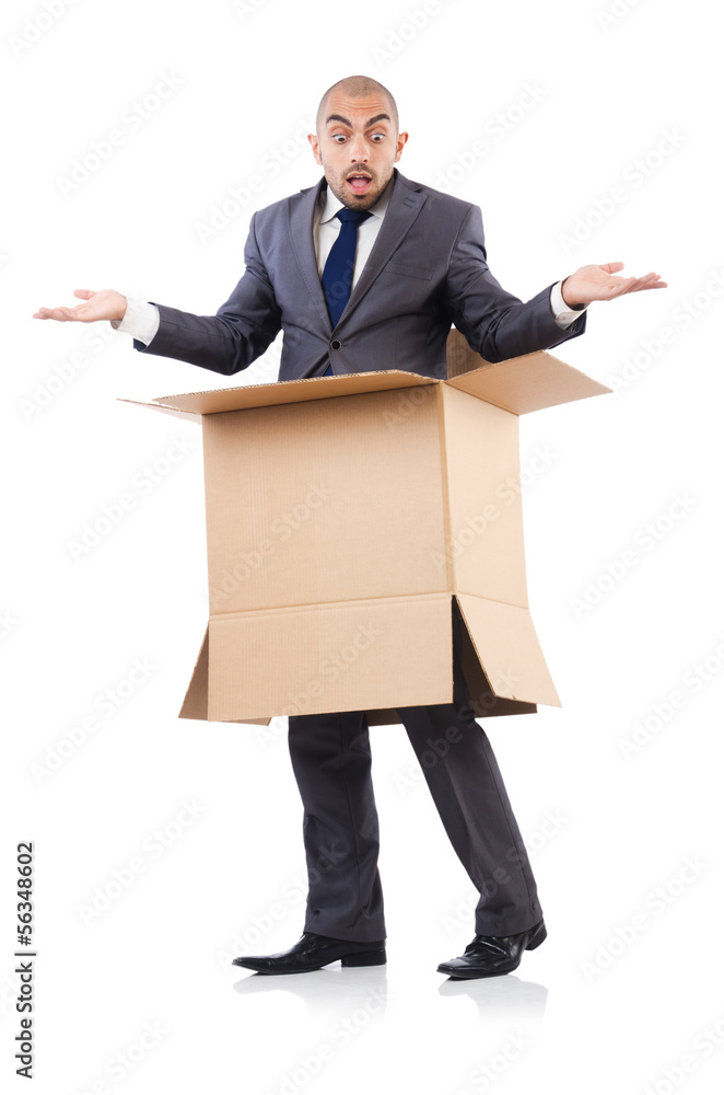 Businessman with box isolated on the white Businessman with box isolated on the white