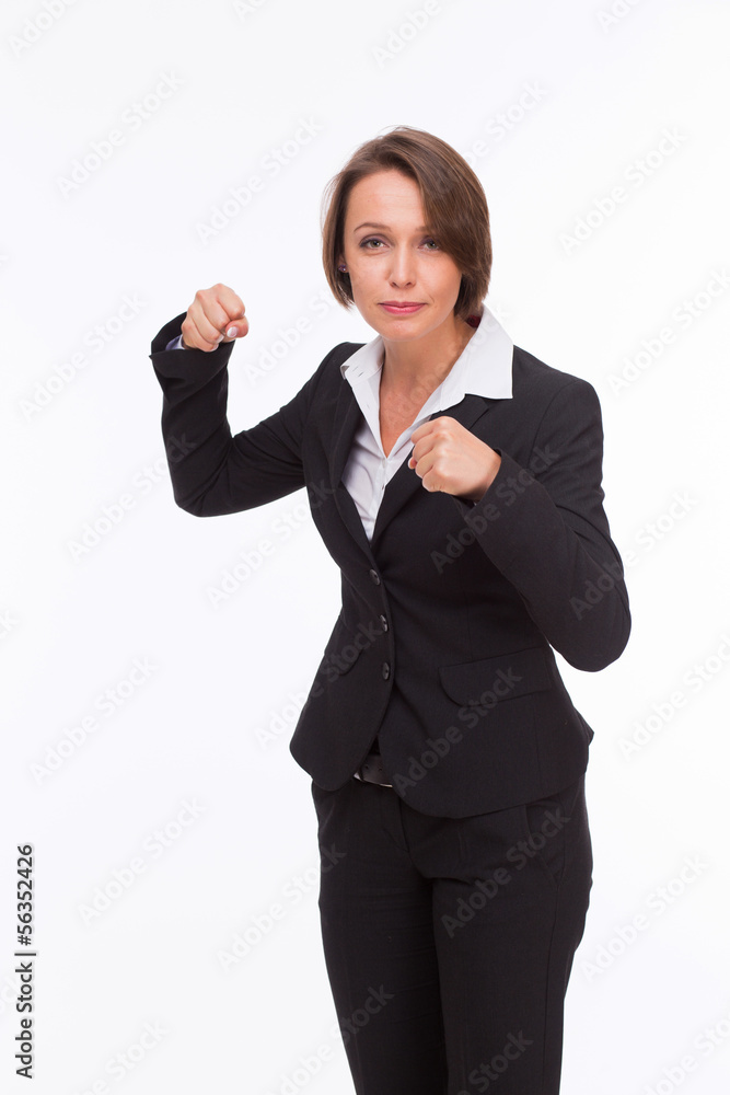 Business woman ready for competition and fight isolated on white Business woman ready for competition and fight isolated on white