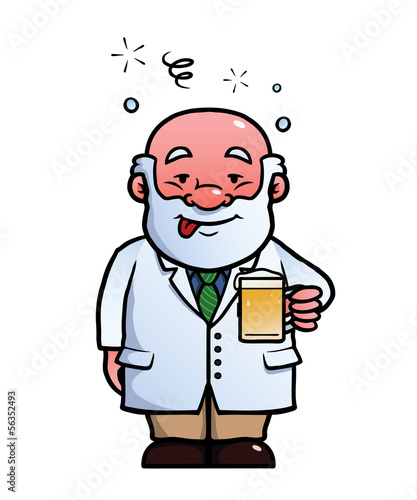 Scientist holding a beer while being drunk.