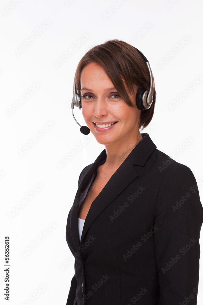 Business woman with headset isolated on white Business woman with headset isolated on white