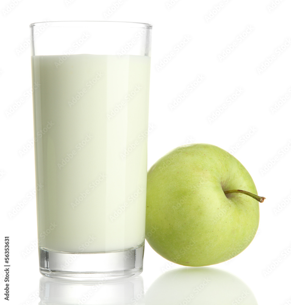 Glass of kefir and green apple, isolated on white Glass of kefir and green apple, isolated on white