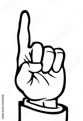 Black and white hand with its index finger pointing upwards.
