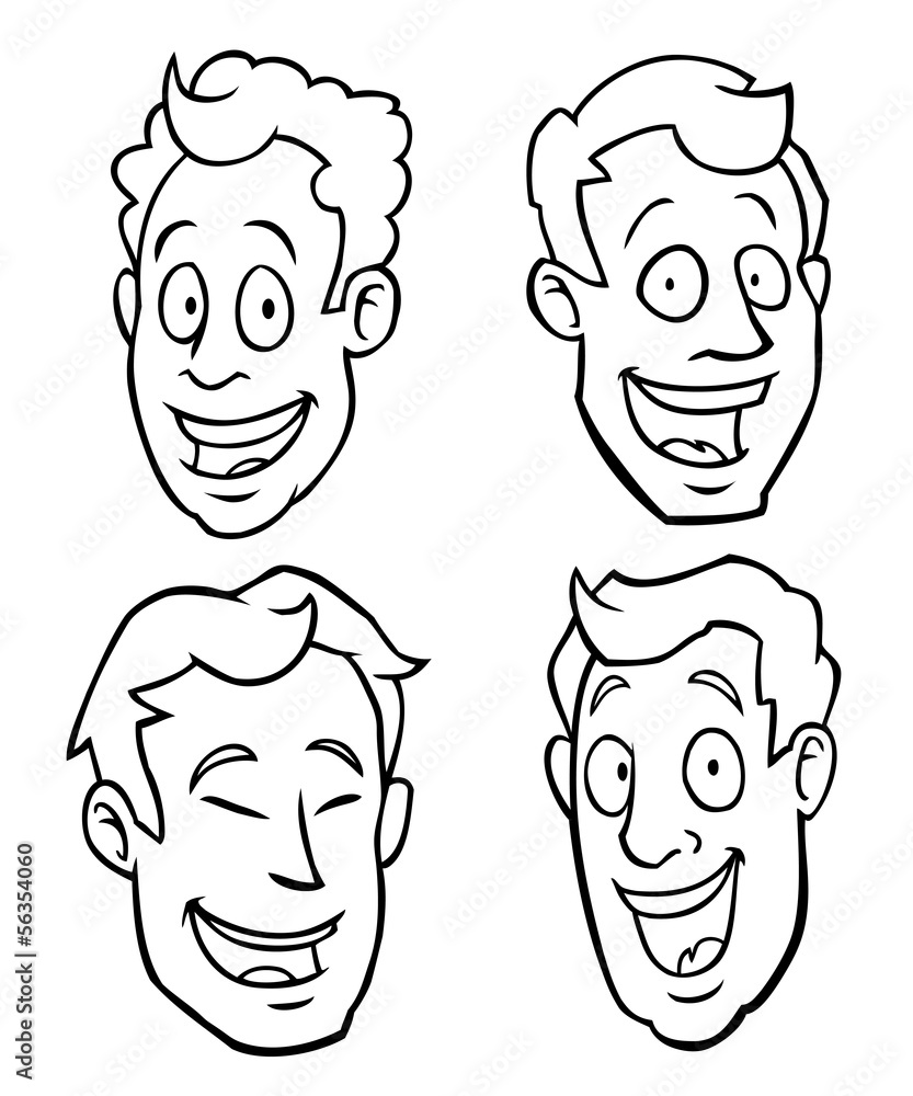 Black and white male cartoon faces of different races. Black and white male cartoon faces of different races.