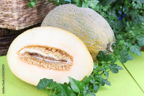 Ripe melons on wooden table close-up photo