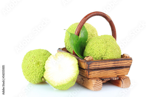 Osage Orange fruits (Maclura pomifera) in basket, isolated photo