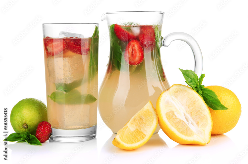 Fototapeta premium Basil lemonade with strawberry, isolated on white
