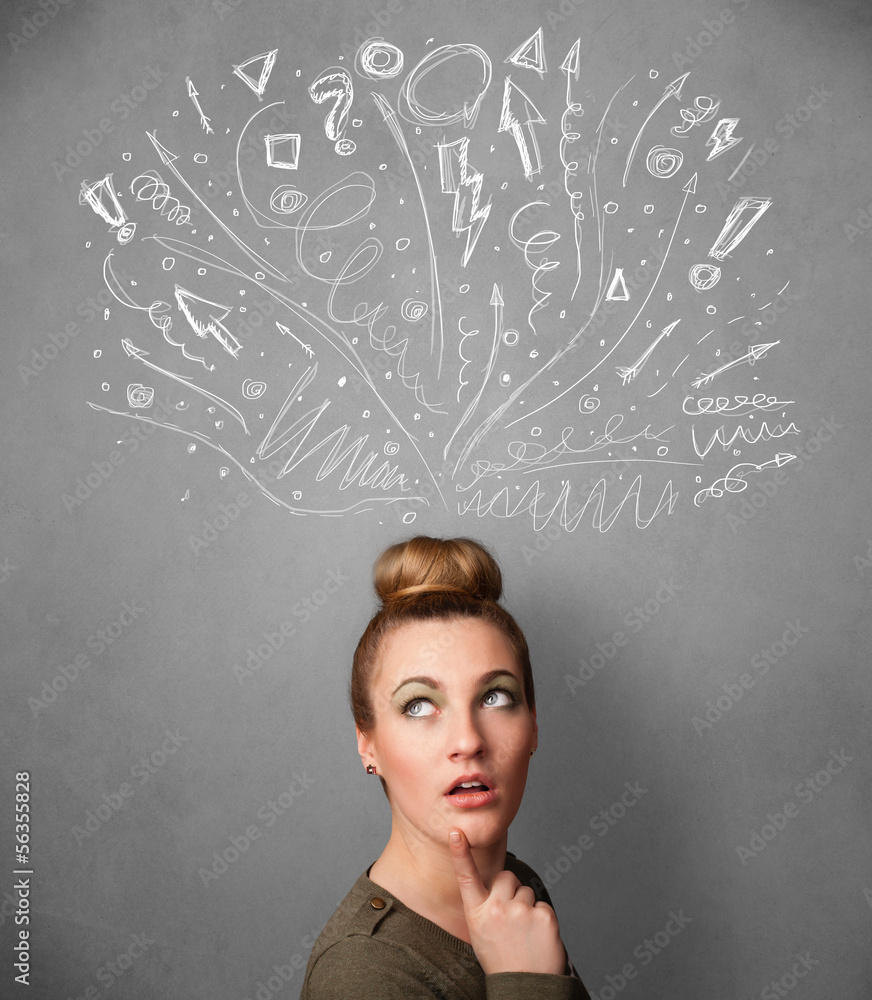 Young woman thinking with sketched arrows above her head Young woman thinking with sketched arrows above her head