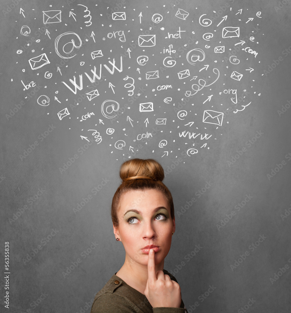 Young woman thinking with social network icons above her head Young woman thinking with social network icons above her head