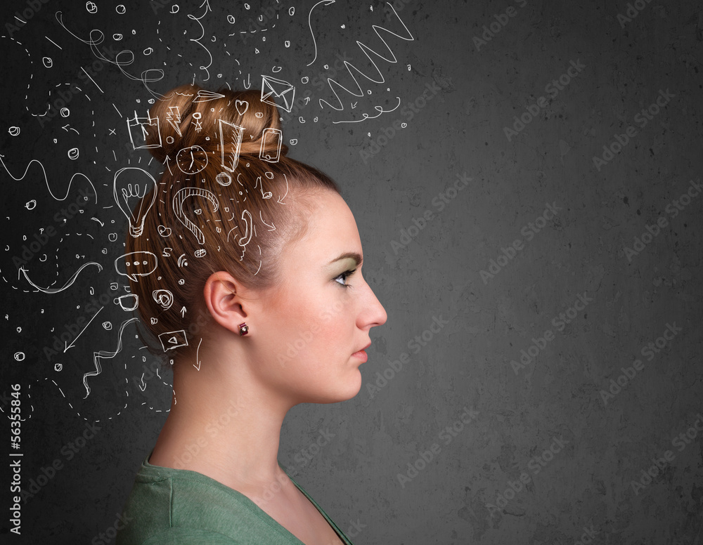 Young girl thinking with abstract icons on her head Young girl thinking with abstract icons on her head