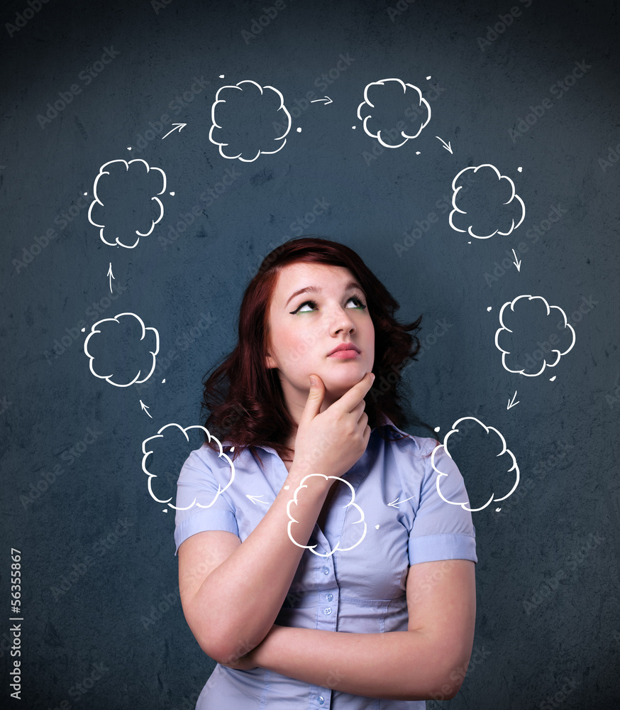 Young woman thinking with cloud circulation around her head