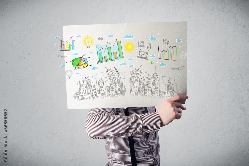 Businessman holding a paper with charts and cityscape in front o Businessman holding a paper with charts and cityscape in front o