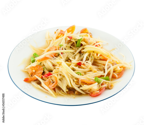 Papaya salad (Som Tam) Thai cuisine spicy delicious on white
