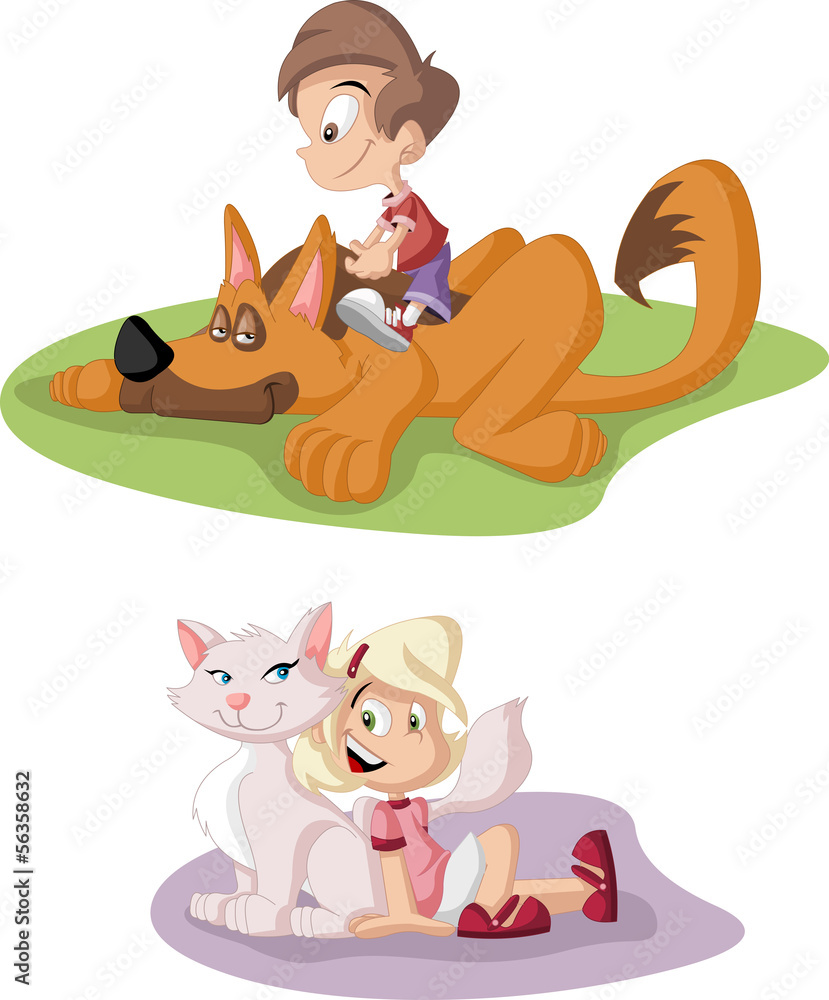 Colorful cute happy cartoon boy and girl with dog and cat Stock Vector |  Adobe Stock