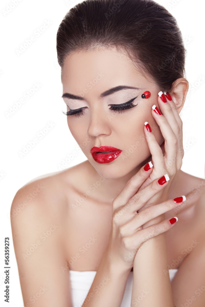 Eyeliner. Beauty girl. Eye Makeup. Manicure and Red Lips. Fashio